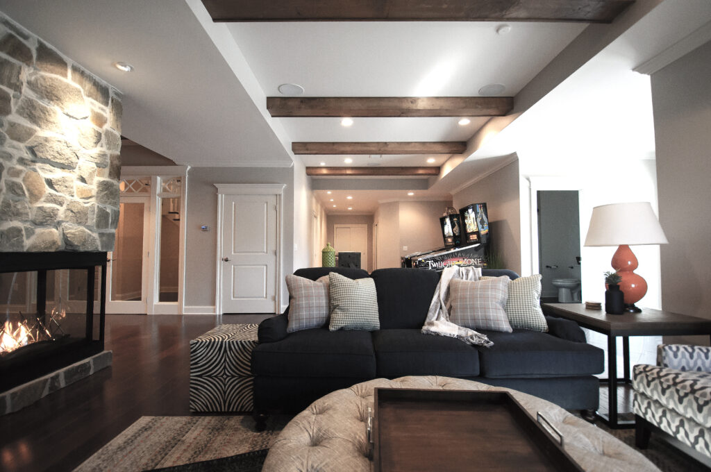 basement entertainment striaght with fireplace